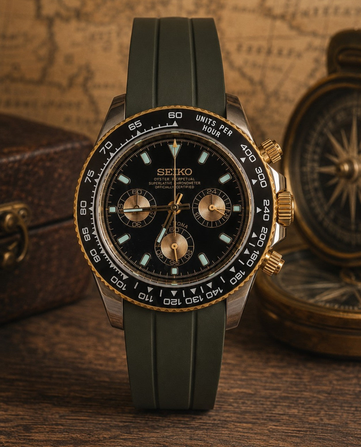 Custom Seiko Dark Green Black Racing Chronograph Mod Watch