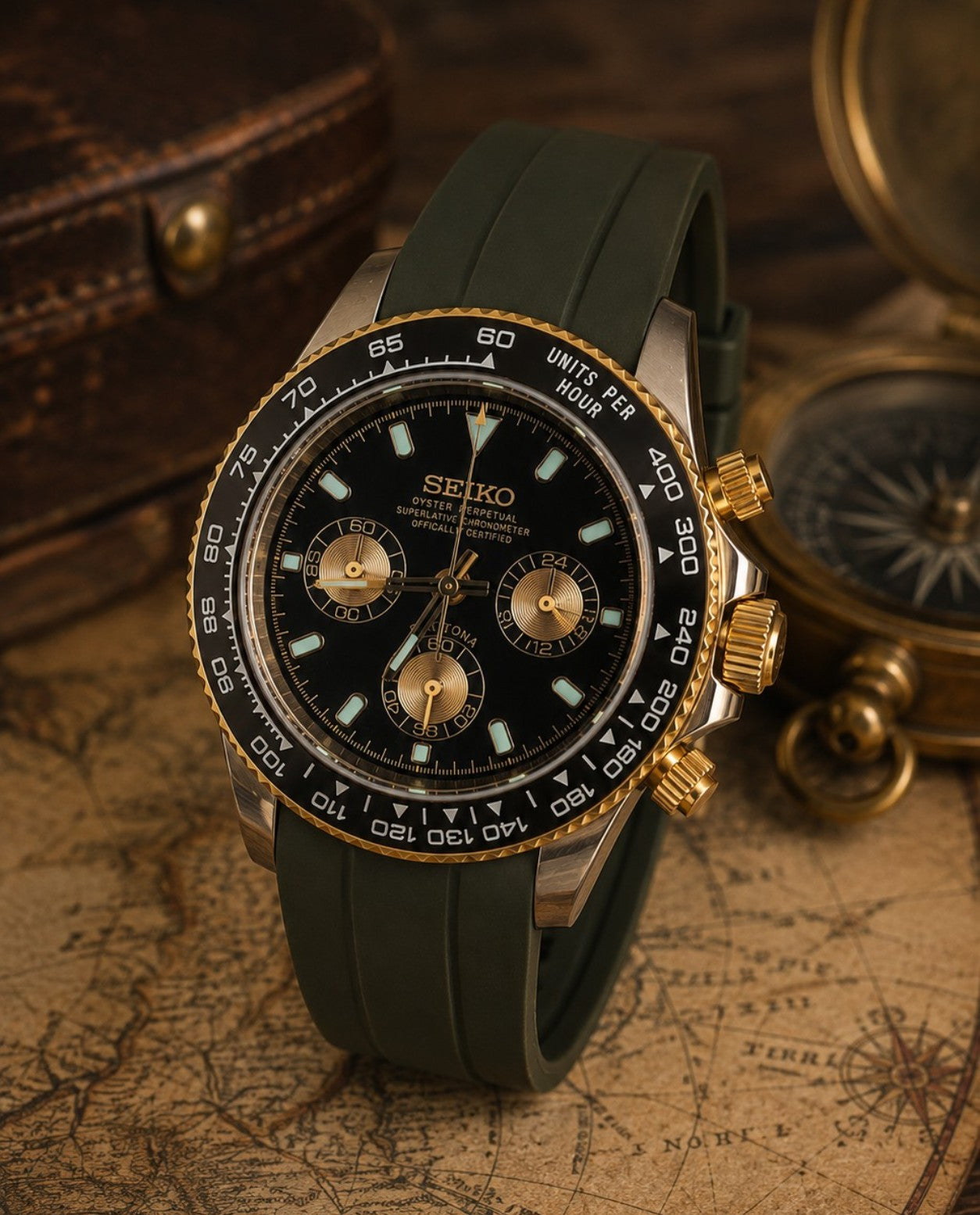 Custom Seiko Dark Green Black Racing Chronograph Mod Watch