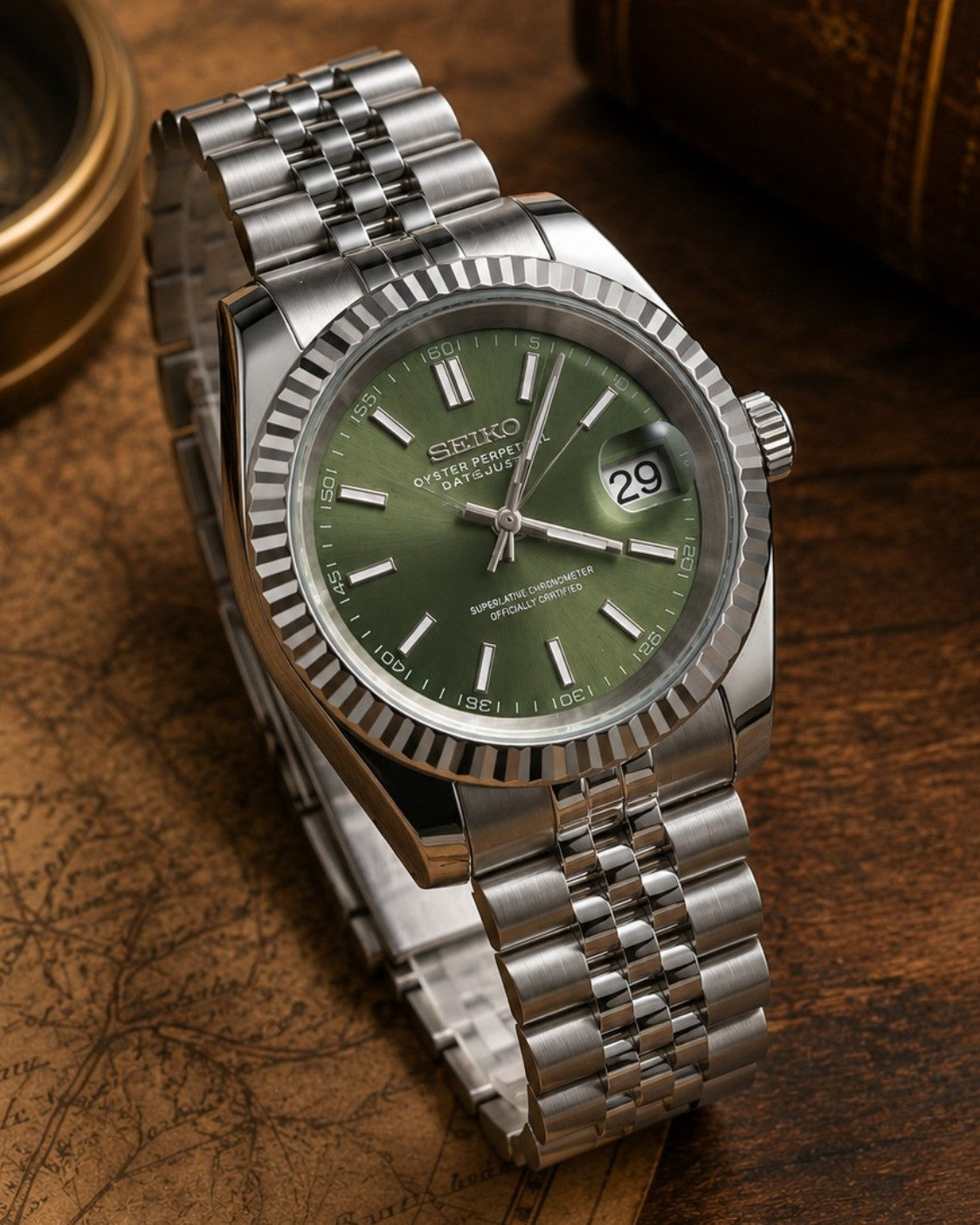 Custom Seiko Vintage Green Sunburst Date Automatic Mod Watch