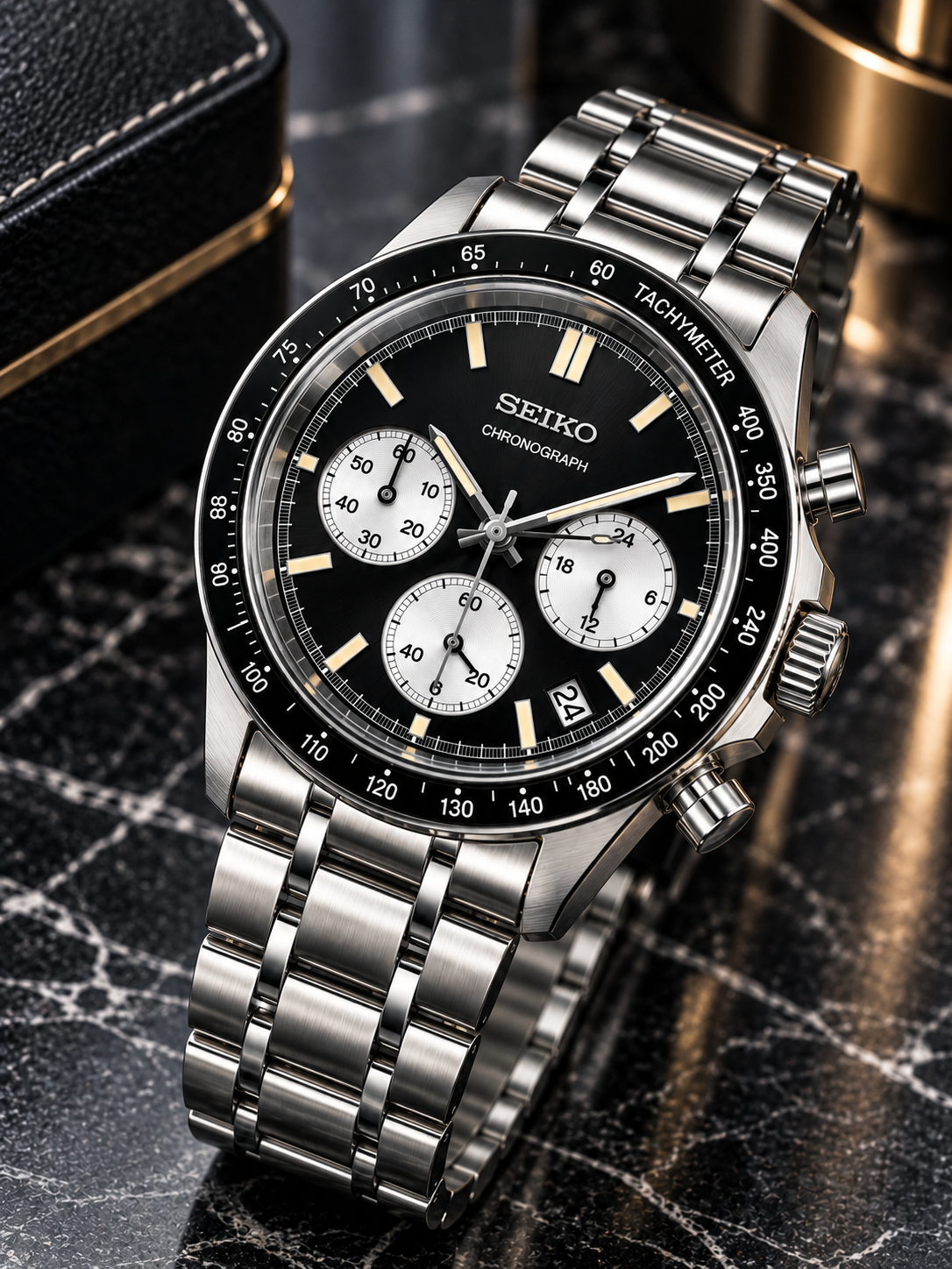 Custom Seiko Black Panda Racing Tuna Chronograph Mod Watch
