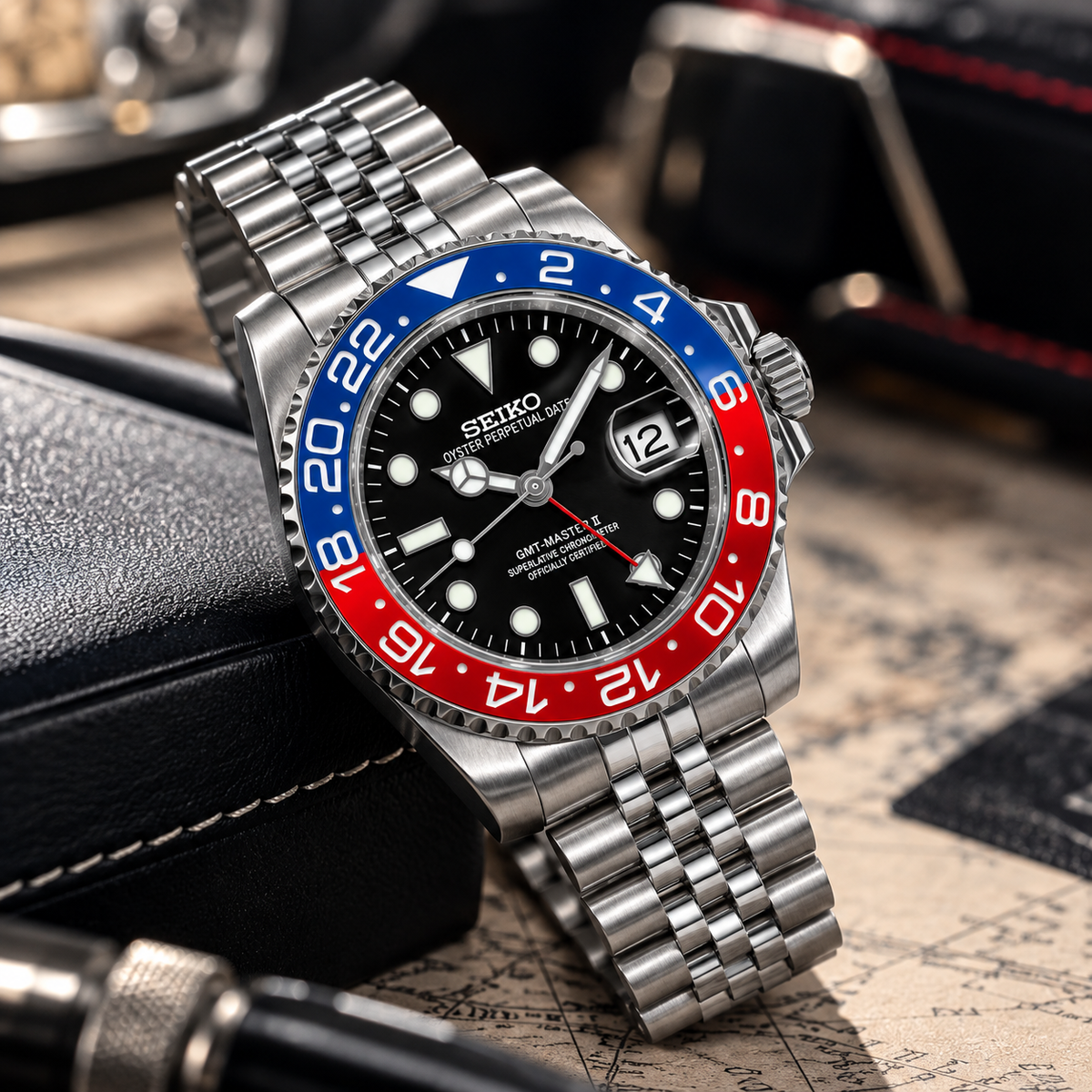 Custom Seiko MilSub Vintage Red Pepsi GMT Benz Date Mod