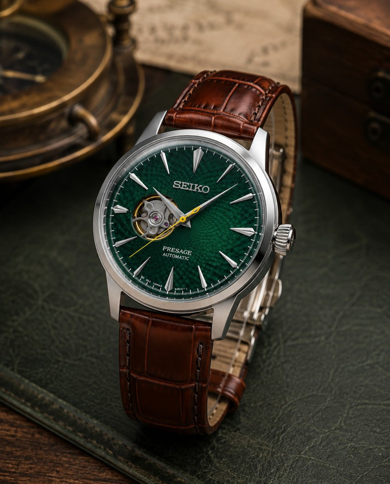 Custom Seiko Emerald Green Cocktail Open Heart Skeleton Automatic Mod Watch