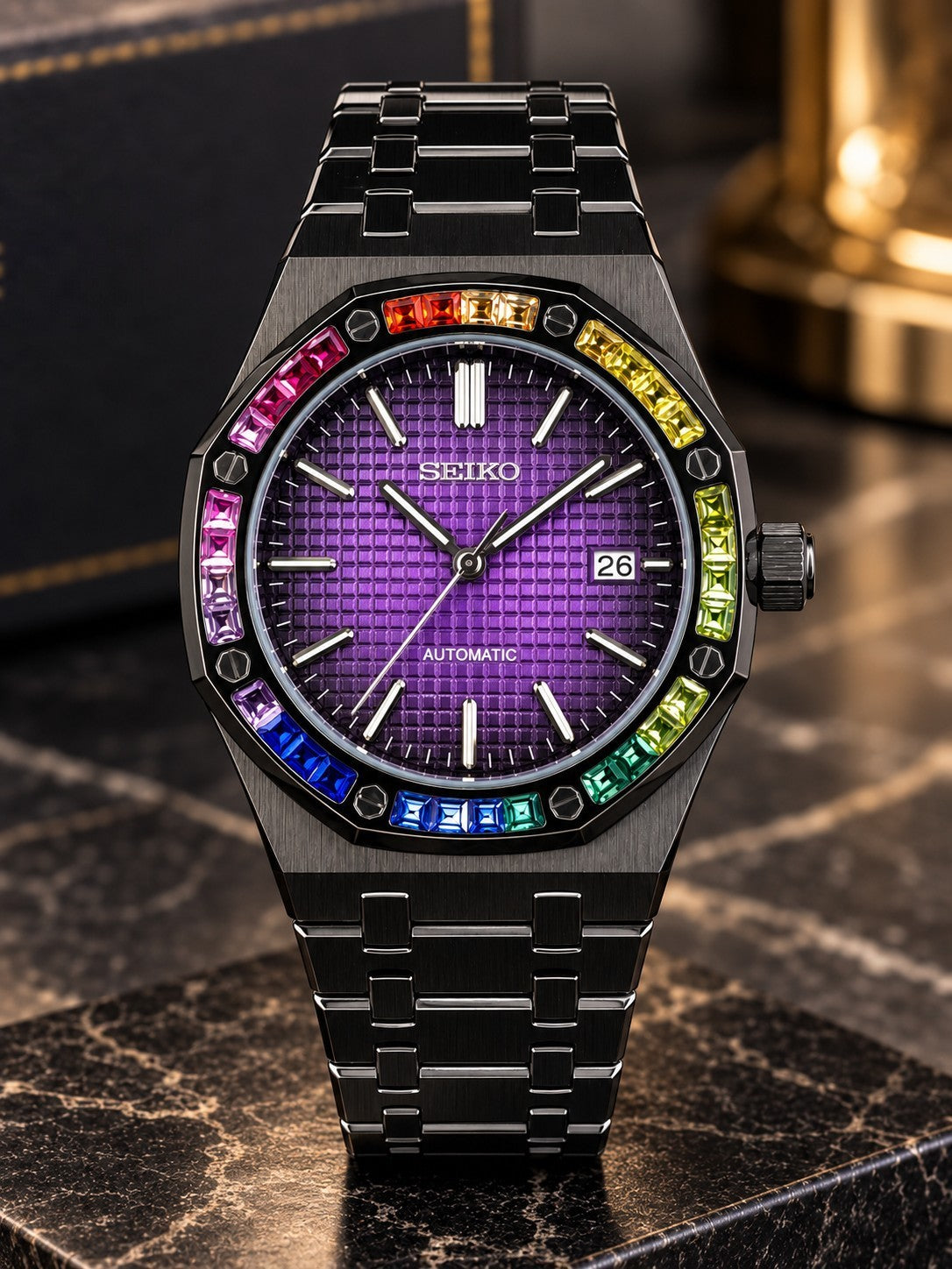 Custom Seiko Purple Rainbow Date Automatic Mod Watch