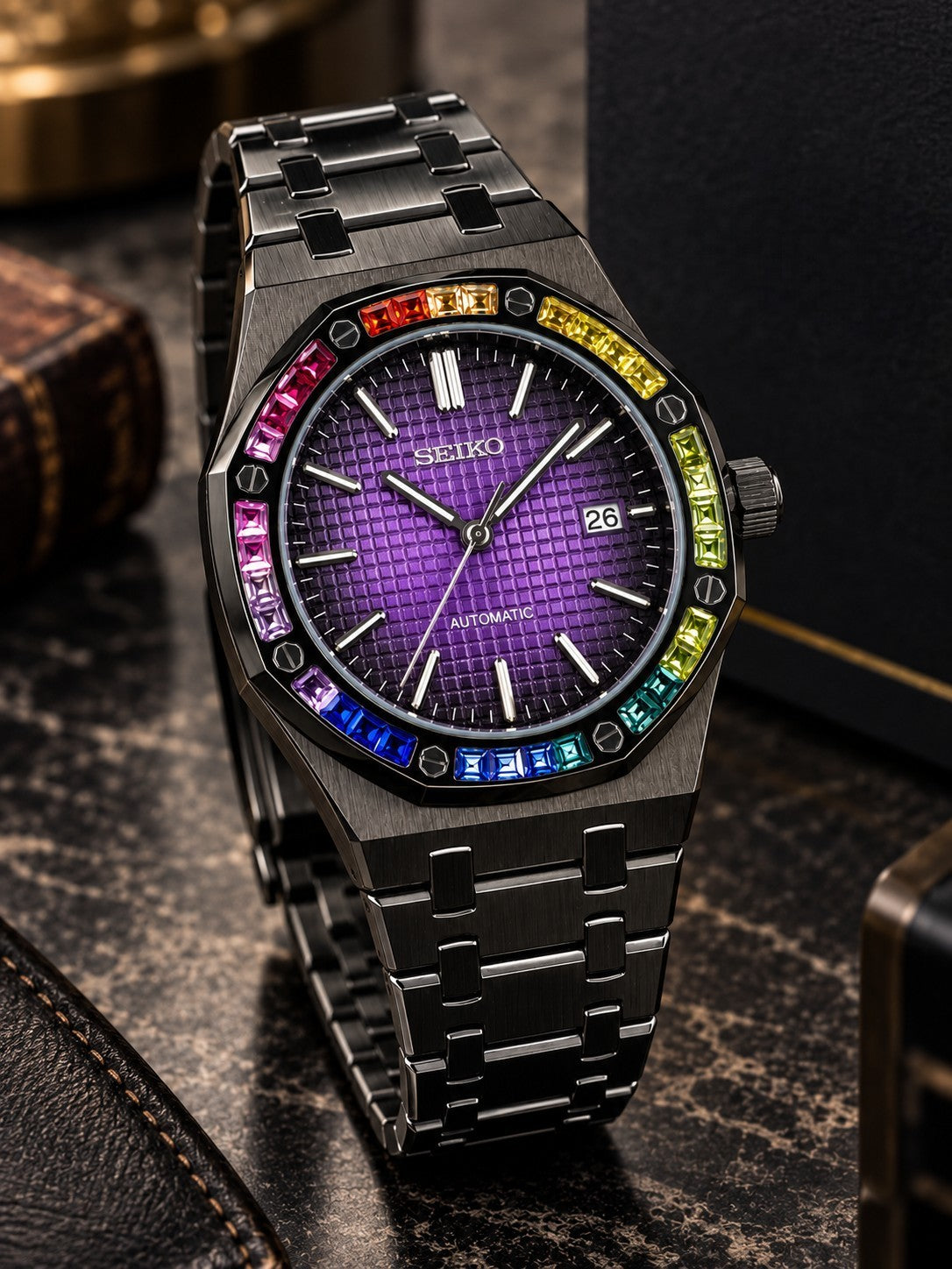 Custom Seiko Purple Rainbow Date Automatic Mod Watch