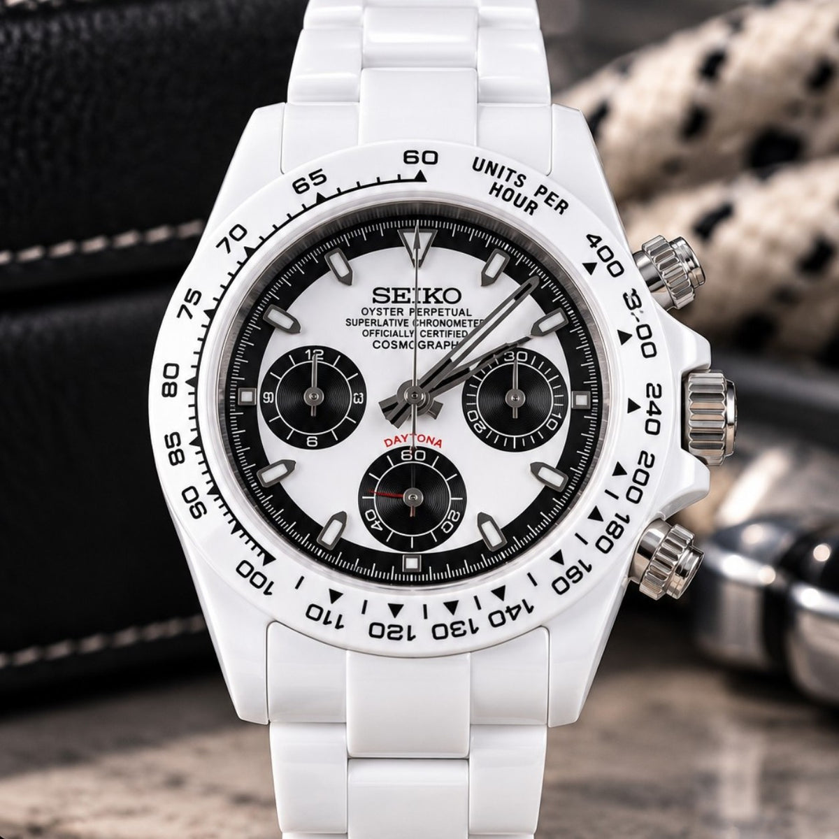 Custom Seiko Glacier White & Black Ceramic Chronograph Mod Watch