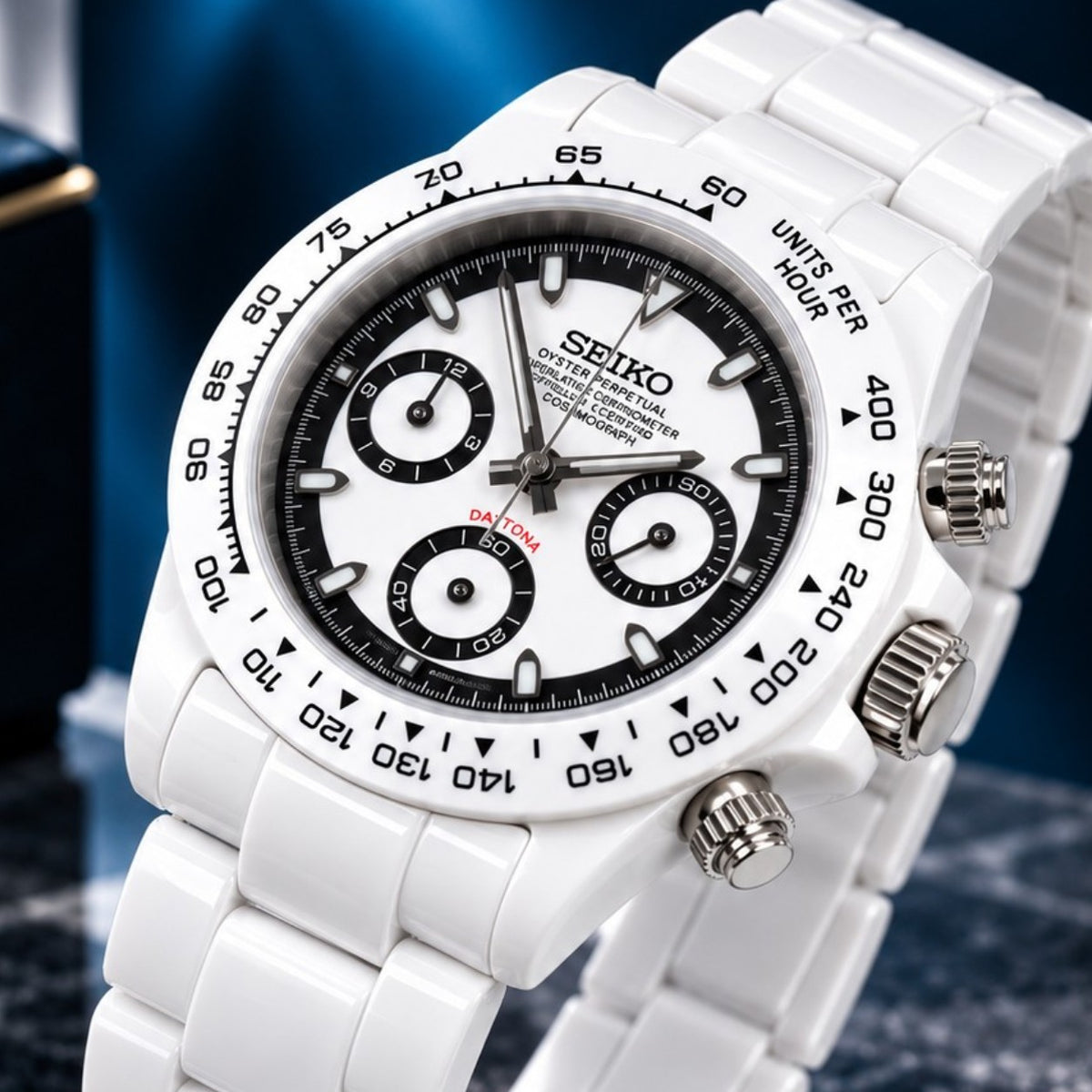 Custom Seiko Glacier White & Black Ceramic Chronograph Mod Watch