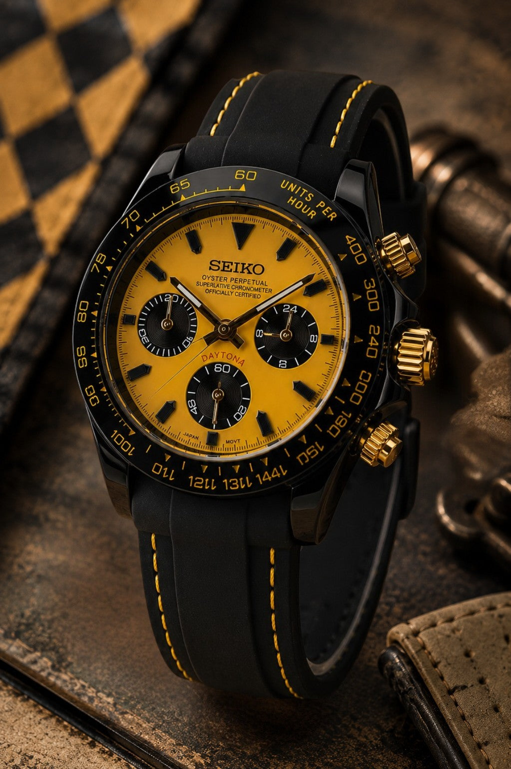 Custom Seiko Yellow Stitching Racing Chronograph Mod Watch