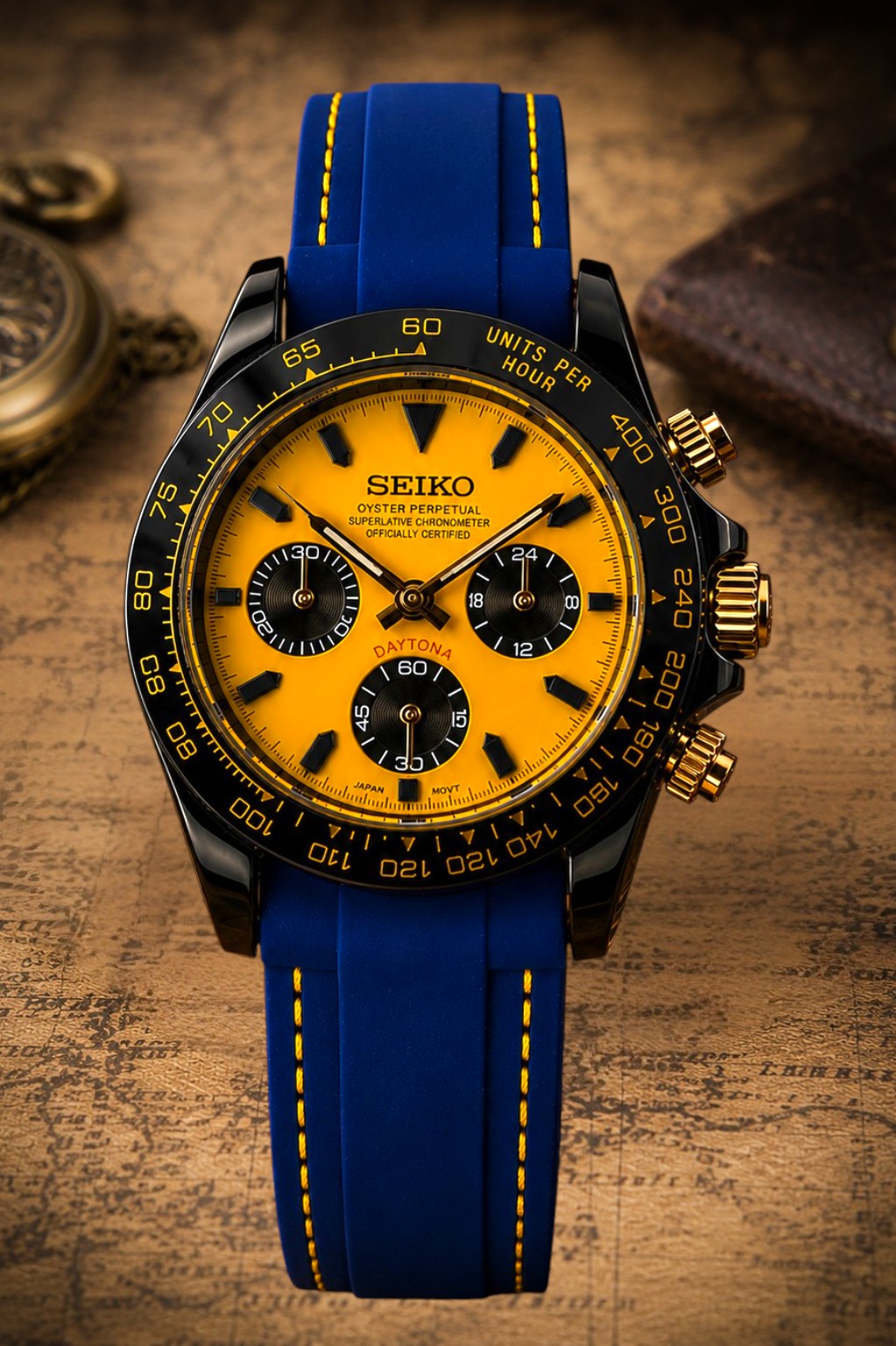 Custom Seiko Blue Yellow Stitching Racing Chronograph Mod Watch