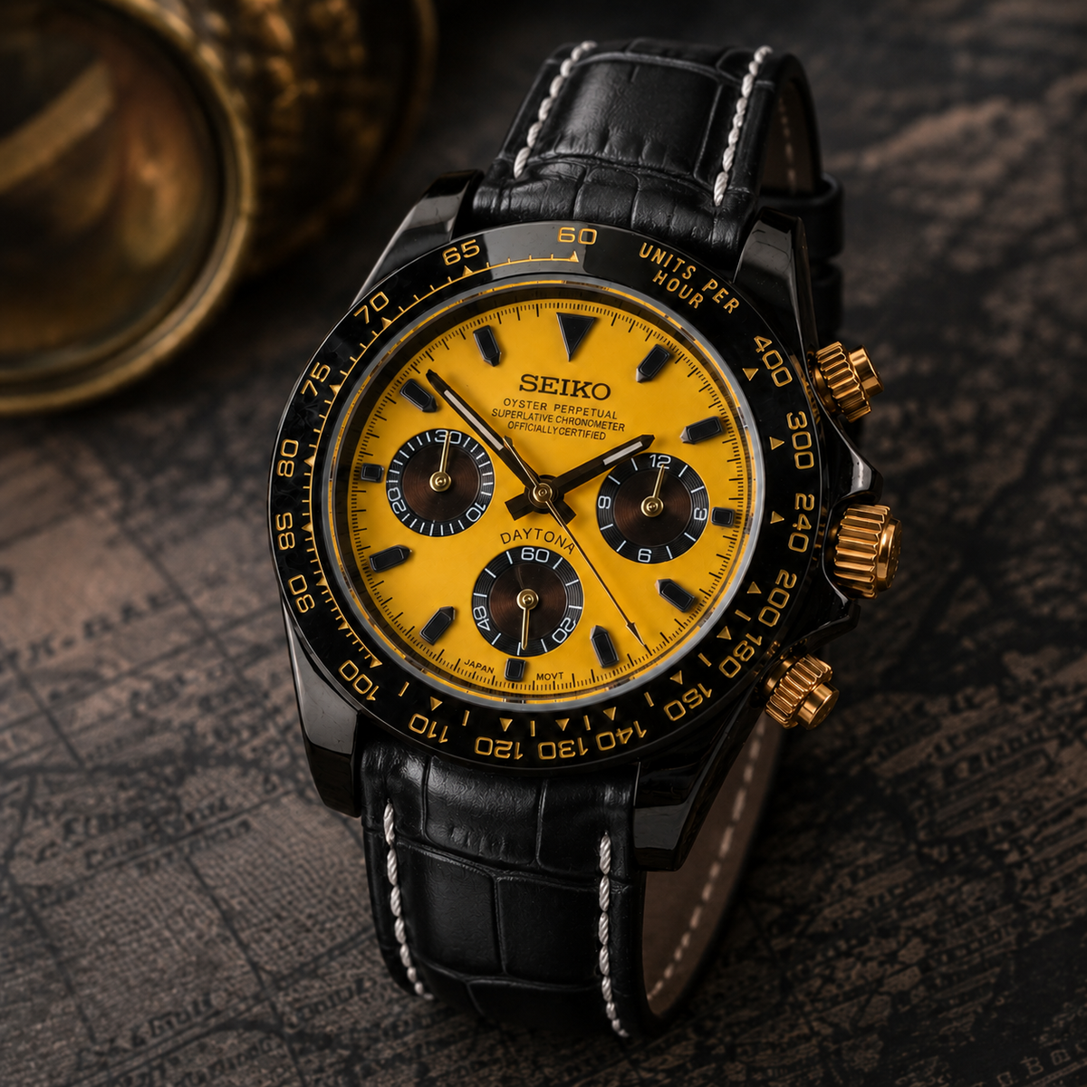 Custom Seiko Yellow Racing Chronograph Mod Watch with Black Leather Strap